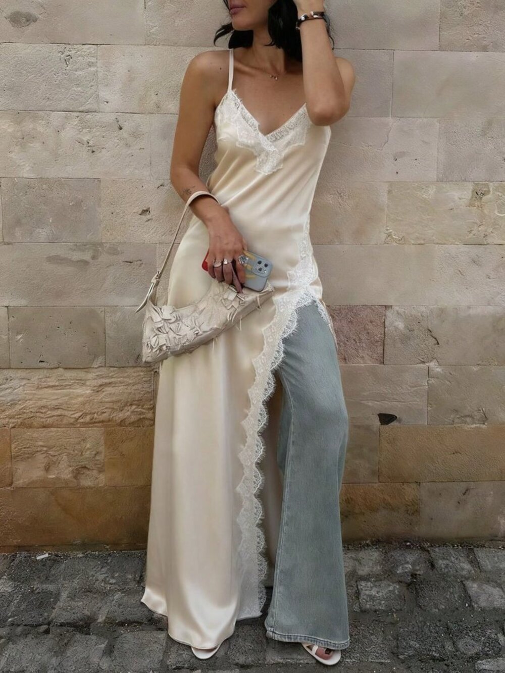 Apricot Elegant Women's French Lace Patchwork Cami Dress